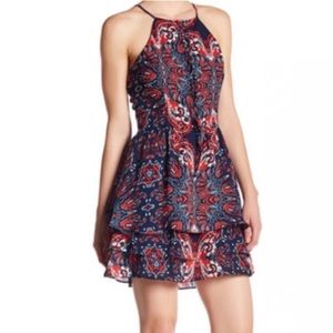 PARKER Dax Slim Fit High Square Neck Spaghetti Strap Ruffle Dress Bandana Medium